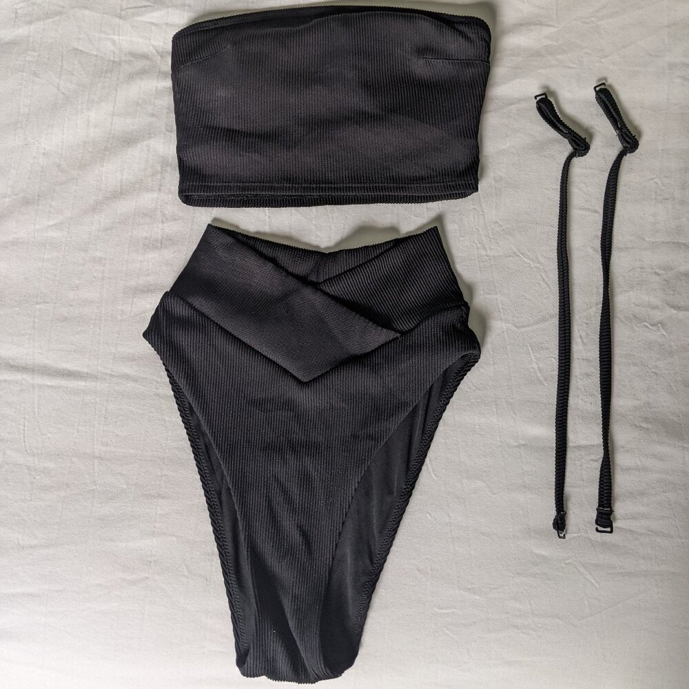 Aerie Ribbed Longline Bandeau Bikini Top + Ribbed Crossover High Cut Cheek